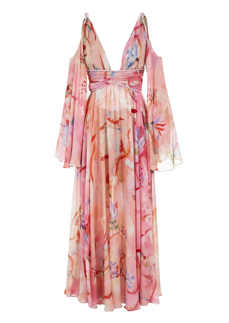 VESTIDO LONGO DE SEDA DRAPEADO ESTAMPADO