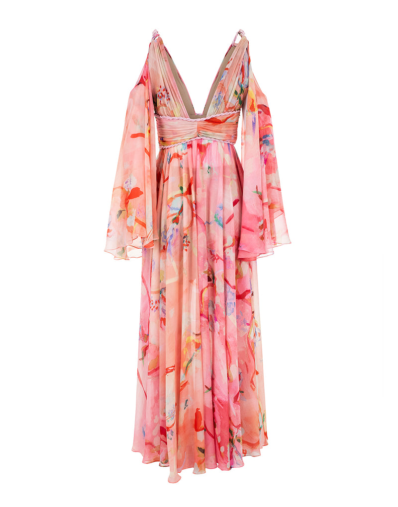 VESTIDO LONGO DE SEDA DRAPEADO ESTAMPADO